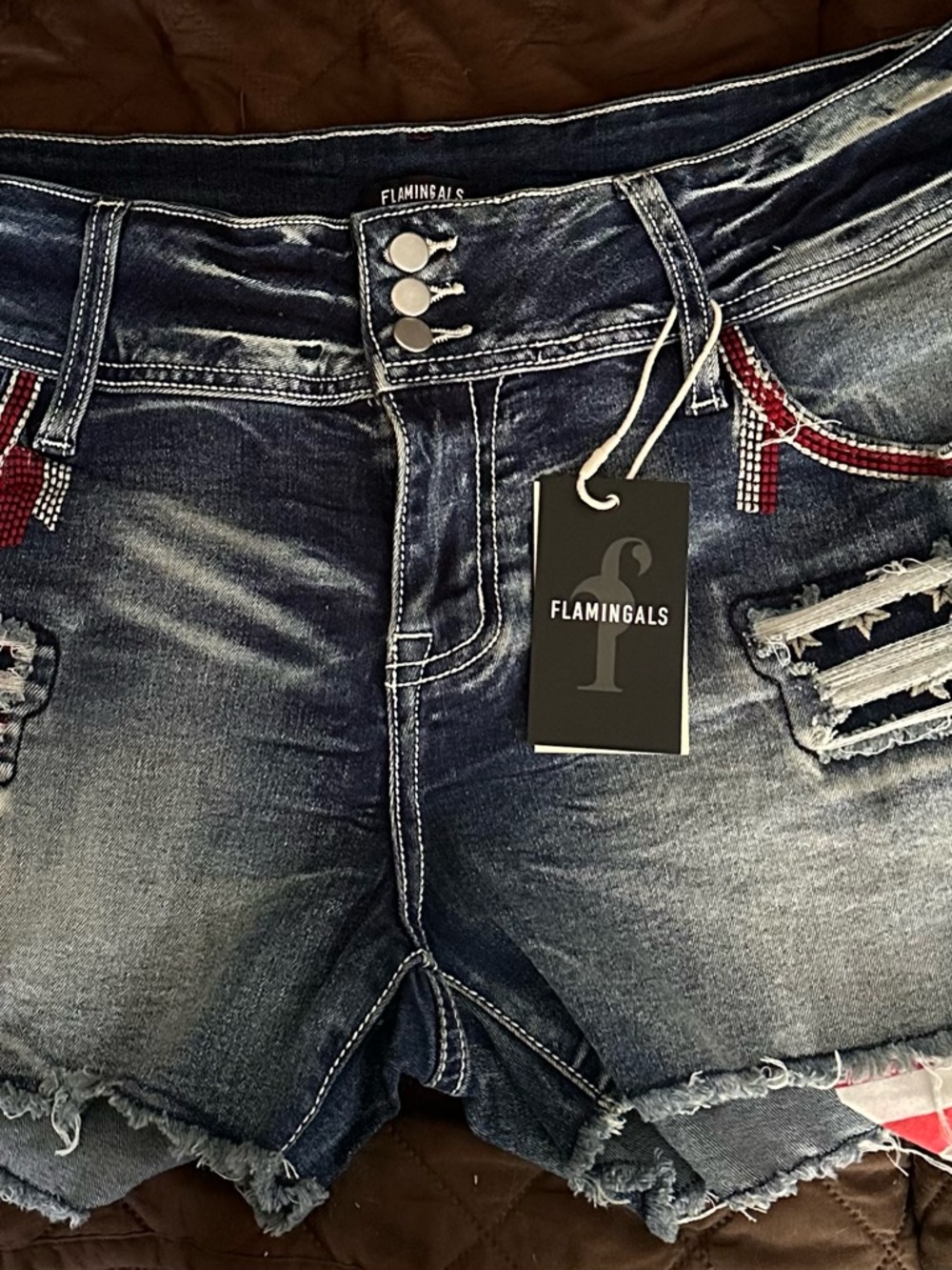 Flamingals American Flag Distressed Denim Shorts - Dark Blue